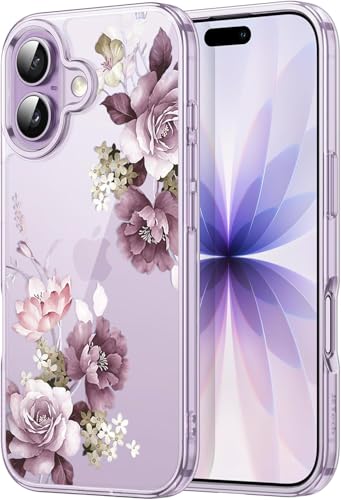 Image of Elzzi Clear Transparent Flower Cover for iPhone 17 Case Shockproof Floral Design Full Camera Protection Shockproof PC+TPU Transparent Cover for Girls & Women (Deep Purple)