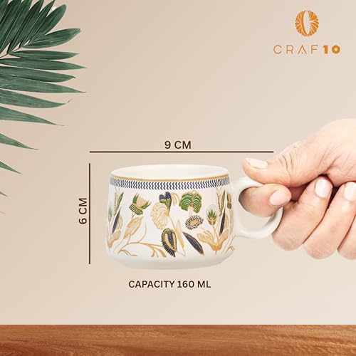 Image of CRAF10 Handcrafted Ceramic Botanic Gold Teapot Cup Set - 1 Kettle (1 Litre) & 6 Cups (160 ML), Microwave & Dishwasher Safe | Morning Set | Tea Sets with Kettle for Gifting