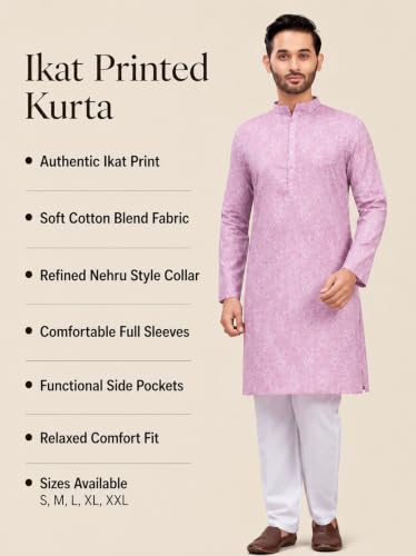 Image of Studio Shringaar Men's Cotton Blend Relaxed Fit Ikat Printed Knee Length Kurta