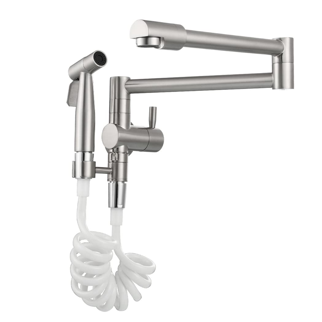ASerZenith Pot Filler Kitchen Sink Faucet With Sprayer, Wall-Mount Single Cold Water Folding Kitchen Faucet, Brass Single Handle Retractable Pot Filler Faucet With Swing Arm,Black