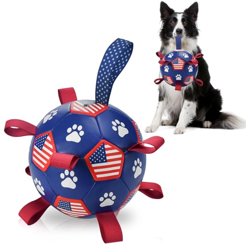 ShuRung 4th July Theme Dog Soccer Ball Toy with Straps Pet Interactive Play Balls for Tug of War USA Independence Day Soccer for Small Medium Big Size Dogs (8 inches) M
