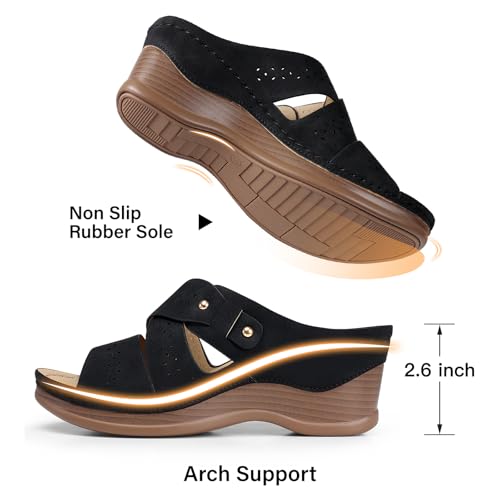 TEMOFON Wedge Sandals for Women Summer: Dressy Low Heel Sandals Black/Navy/White, Comfortable Walking, Arch support, Casual Slip on Summer Shoes, Size 5-114