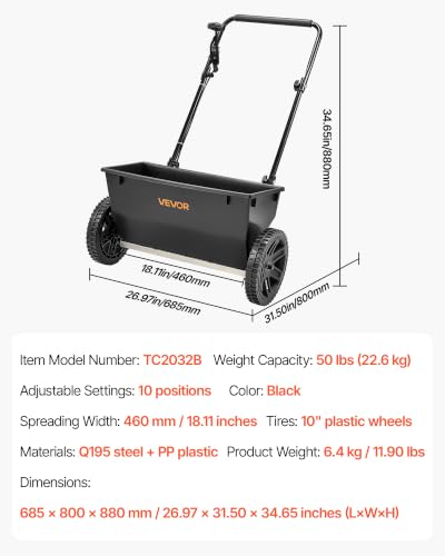 Image of VEVOR Broadcast Spreader 50 lbs Capacity Drop Spreader with Hopper Grate | for Lawn & Garden Care, 18 in Spreading Width & 30 Adjustable Settings, 10 in All Terrain Tires for Seed, Fertilizer, Black | For Lawn & Garden Care, 18 in Spreading Width & 30 Adjustable Settings, 10 in All Terrain Tires for Seed, Fertilizer, Black