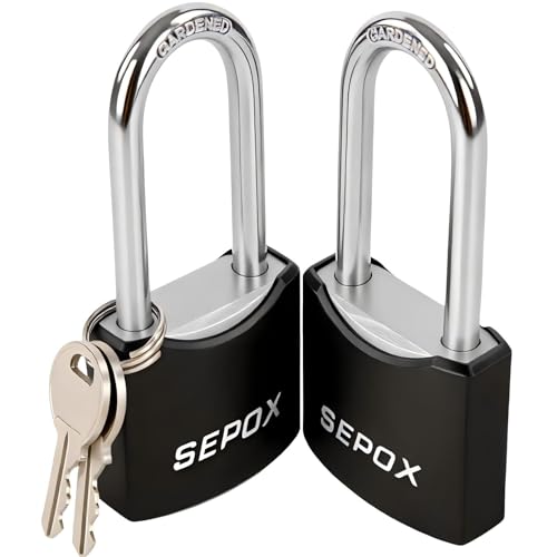 SEPOX® 1-9/16' All-Weather Outdoor Padlocks Keyed Alike, 1-3/4' Long Shackle, Solid Steel Lock, Heavy-Duty with Black Cover, Design for Gate Fence Cabinet Toolbox School Gym Locker with 2pcs Same Key
