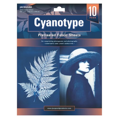 Jacquard Cyanotype Fabric Sheets, Pre-Sensitized Cotton Sateen for Easy Sun Printing, Professional-Quality Fabric Sheets, Just Expose & Rinse, Create Stunning Cyanotype Prints with UV Light, 10-Pack