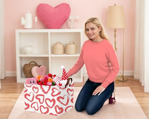 Image of Large Valentine's Day Basket Heart Shaped Storage Bin for Gifts Collapsible Organizer Room Decor (Red Big Love)