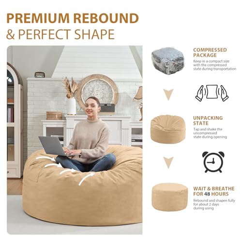 3FT Bean Bag Chair, Comfy Bean Bag Chairs with Memory Foam Filled, Fluffy Beanbag Sofa with Dutch Velvet Cover, Round BeanBag Chairs for Living Room, Playroom - Khaki