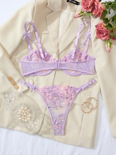 Image of Lilosy Sexy Underwire Cute Push Up Strappy Embroidered Mesh Sheer Lingerie Set See Through Panty Bra