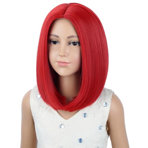 Image of Kid Red Wig Girls Red Bob Short Straight Wig Middle Part for Kids Children Synthetic Halloween Cosplay Costume Party Wigs with Wig Cap