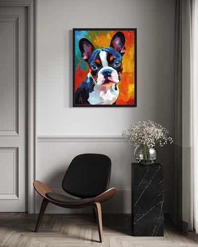 Image of Boston Terrier Colorful Abstract Black Framed Wall Art Print Poster, Dog Pet Lover Picture Painting Artwork Bedroom Living Room Office Dining Room 150D (Boston Terrier Colorful Abstract, 14 inchL x 11 inchW, Black Frame)