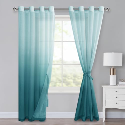 XWZO Lot de 2 rideaux en voile avec œillets, dégradé de couleur, pour chambre à coucher et salon, rideaux à passants avec tringle à rouleaux, 225 x 140 cm (H x l),...