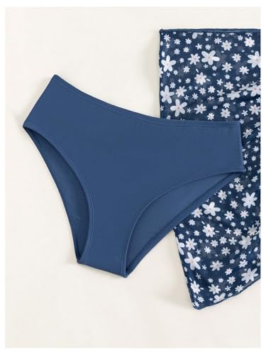 Girl's 3 Piece Swimsuit Sets O Ring Wireless Bathing Suit with Ditsy Floral Mesh Cover Up Skirt4