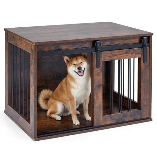 FANTASK Jaula para Perros, Muebles de 80 cm, Caja para Perros con Puerta corredera y Marco de Metal, Armario para Perros de Madera como Mesa Auxiliar para Perros pequeños y medianos, para salón
