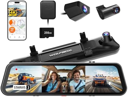 WOLFBOX G900 Tripro Cabin Version 3 Channel 4K Rear View Mirror Camera,8MP STARVIS IMX678 Night Vision,4K+1080P+2.5K Front Inside and Rear Mirror Dash Cam,5.8GHz WiFi,Voice Control,Includes 256GB Card