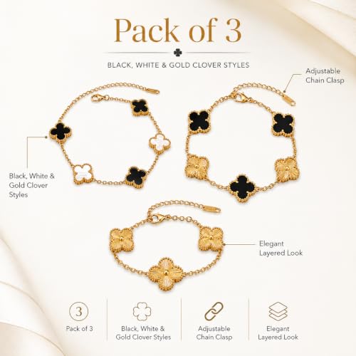 Image of Bracelet for Girls and Women, Gold Tone Adjustable Chain with Black, White and Textured Clover Charms, Fashion Wrist Jewellery Set for Party, Casual Wear and Gifting, Pack of 3
