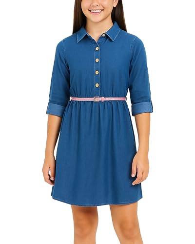 dELiA*s Girls' Denim Dress - Classic Collared Denim Dress with Belt - Knee-Length Long Sleeve Dresses for Girls (Sizes: 7-16)
