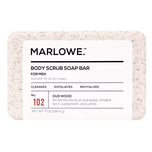 MARLOWE. No. 102 Men's Body Scrub Soap 7 oz | Earthy Oud Wood Scent | Best Exfoliating Bar for Men | Made with Natural Ingredients | Green Tea Extract | Updated Scent