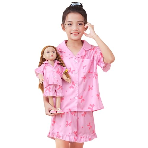 ICOSY Matching Doll & Girls Silk Pajamas Satin Pjs for Girls Button-Down Top and Shorts for 18 Doll Girl Clothes Light Pink