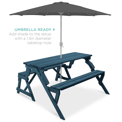 Image of Best Choice Products 2-in-1 Transforming Interchangeable Outdoor Wooden Picnic Table Garden Bench for Backyard, Porch, Patio, Deck w /Umbrella Hole - Harbor Blue