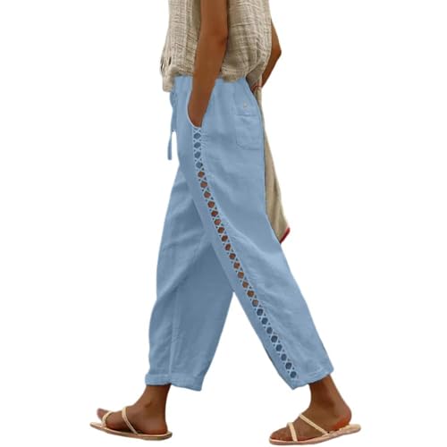 Summer Cotton Linen Pants for Women's Fashion Casual Lace Stitching Trousers Solid Color Drawstring Beach Pants