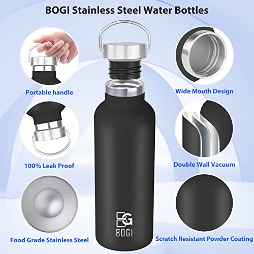 Bogi 20Oz Insulated Water Bottle, Wide Mouth Stainless Steel Water Bottles Leakproof Black Metal Water Bottle With Straw And Handle Bpa Free Steel Water Bottle For School Fitness Outdoor Sports-Black #TOP2