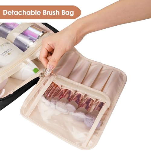 Wandering Nature Toiletry Bag for Women, Hanging Travel Makeup Organizer with 4 Compartments, Pu Leather Waterproof Cosmetic Bag for Full Sized Toiletries Black4