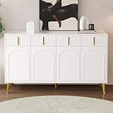 buffet bas 4 portes Un design élégant qui rehausse la beauté de l'espace : Ce buffet de salon de 140 cm de long est soigneusement fabriqué à partir de MDF robuste, avec une surface lisse et délicate, présentant une texture noble et élégante. Qu'il soit placé dans le salon ou utilisé comme buffet de salle à manger, il peut devenir un magnifique élément de décoration intérieure et rehausser facilement le ton général de l'espace.