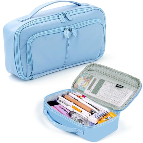 Image of Pencil Case Large Capacity Pencil Pouch Pen Bag with Handle, Portable Pencil Case Pencil Bags with Zipper Student Stationery Bag for Girls and Boys Teen Adults Men Women (Light Blue)