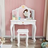 JOYMOR Kids Princess Vanity Table and Chair Set, Kids Vanity Set with Drawer & Tri-Folding Mirror, 2 in 1 Makeup Dressing Table with Detachable Top for Girls
