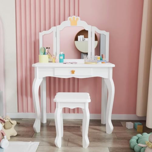 JOYMOR Kids Princess Vanity Table and Chair Set, Kids Vanity Set with Drawer & Tri-Folding Mirror, 2 in 1 Makeup Dressing Table with Detachable Top, Pretend Beauty Play Vanity Set for Girls (White)