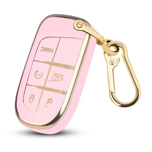 QBUC for Jeep Key Fob Cover with Keychain Soft TPU Protection Compatible with Jeep Grand Cherokee Renegade Compass and Dodge Challenger Durango RAM Chrysler 200/300(Pink with Gold Trim)