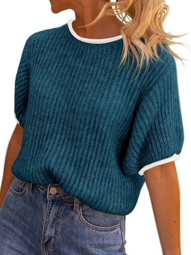 Image of Saodimallsu Womens Puff Short Sleeve Sweater Tops Spring Summer Color Block Ribbed Knit Crew Neck Going Out Shirts