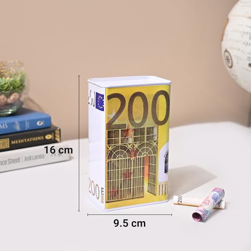 Image of Market99 Rectangular Money Bank | Yellow Tin Coin Bank with 200 Euro Note Print & Glossy Finish | Durable Piggy Bank for Kids & Adults | Stylish Savings Box for Home, Office Desk & Gifting