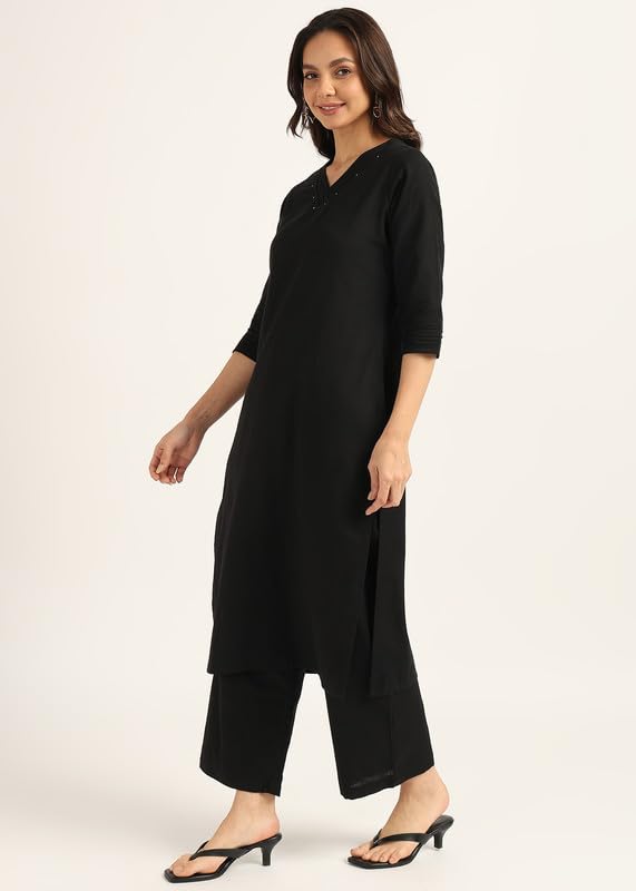 Image of BLOCKS OF INDIA Women's Solid Straight Kurta Set | Hand-Stitched Neck Details with Pintucks | Comfortable Pants with Pockets, Elastic Waist & Drawstring Fit