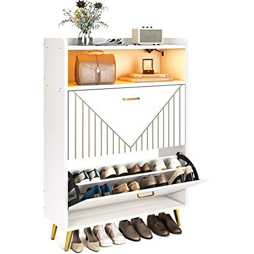 Aheaplus Shoe Cabinet With Flip Doors, Shoes Storage Organizer With Motion Sensor Led Light, Entryway Wood Freestanding Tipping Bucket Shoe Rack With Open Shelves For Closet, Living Room, White #TOP24