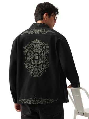 Image of The Souled Store Flow Men and Boys Long Sleeves Spread Collar Black Embroidered Cotton Oversized Fit Casual Lightweight Drop Shoulder Streetwear Trendy Breathable Shackets