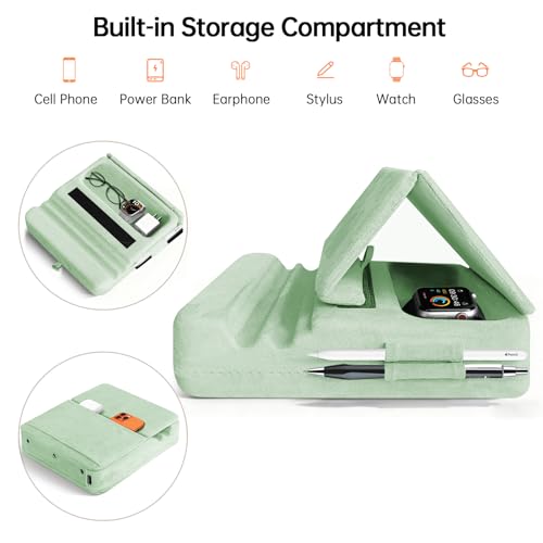 Image of Tablet Pillow Stand with Storage, Foldable iPad Holder for Lep, Bed, Sofa, and Desk - Soft Pad Dock with Pocket and Stylus Mount Compatible with 4-13 inch iPad Pro /Air /Mini, Galaxy Tab, Kindle