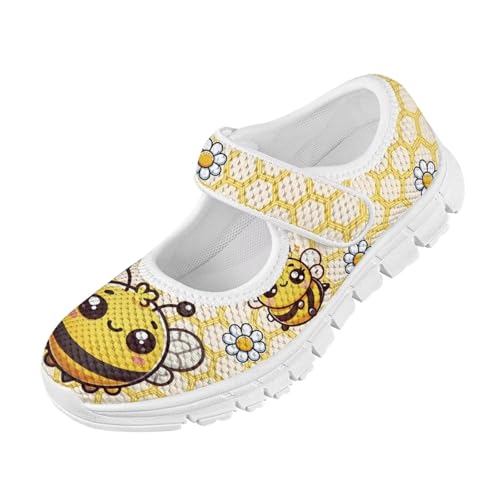 JoyLamoria Cartoon Bee PRNT Girl’s Breathable Walking Shoes Toddler Girls Mary Jane Sneakers Adjustable School Uniform Shoes Lightweight Flat Shoes4