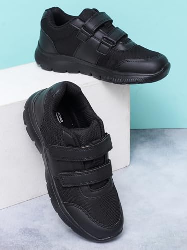 Image of ATHCO Fushion School Shoes Black for Boys & Girls| Soft Cushioned Memory Foam Heel Pad Support|Uniform Shoes | Lightweight | Velcroo |Easy Wear & Care|Padded Textured Heel Grip Lining | Breathable | All Day Comfort