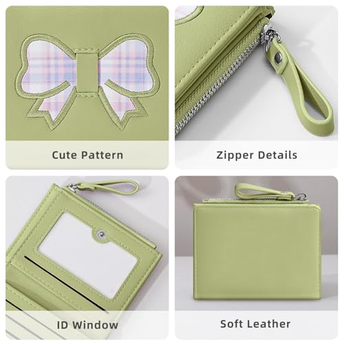 Wallet Women, Coquette Bow Cute Wallets, Small Compact Aesthetic Bifold Zipper Pocket Card Case Purse Holder with ID Window for Ladies (Green)3