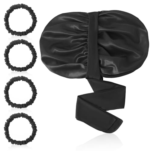 Silk Hair Bonnet & Satin Scrunchies Set, 4Pcs Silk Hair Ties + Adjustable Double Layer Sleep Cap for Women, Curly, Natural, Braid, Hair Protection