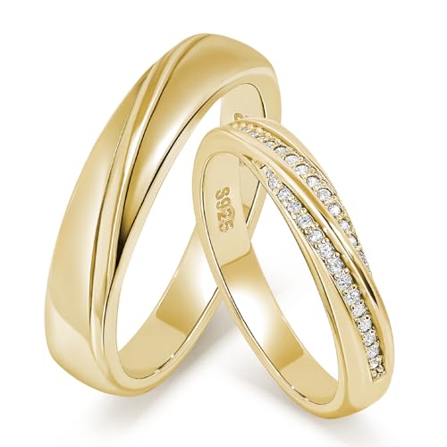 Meissa Promise Rings for Couples His and Her Wedding Ring Band 925 Sterling Silver 2Pcs Engagement Marriage Rings Set Custom Personalized Engravable Matching Rings Gold Plated Size 6-11