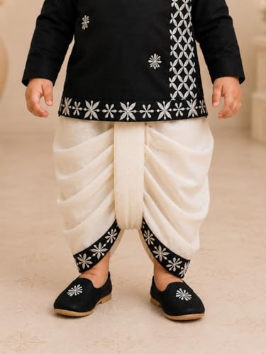 Image of Pspeaches Boys Silk Full Sleeves Round Neck Embroidered Kurta and Dhoti Pant 2 Piece Set|Ethnic Wear For Cute Baby Boys|Traditional & Festive Outfit