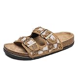AONETIGER Pantoletten Damen Herren Sandalen mit Kork Fußbett Bequeme Flache Latschen mit Verstellbaren Schnallenriemen Leicht Sommer Hausschuhe (Khaki,39EU)