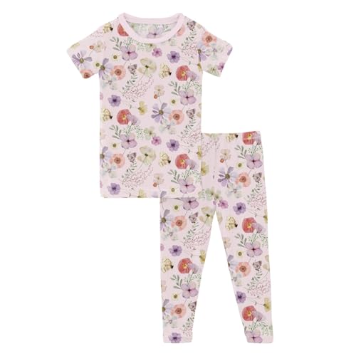 KicKee Print Short Sleeve Pajama Set, Baby to Kid, Viscose from Bamboo Fitted Pajamas, Seasonal Collections, Outdoors (Shrinking Violet Pressed Flowers - 6 Years)