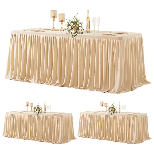 3 Pack Deep Champagne Polyester Table Clothes for 6 Foot Rectangle Tables, Wrinkle Free Fitted Table Cover with Pleated Ruffle Table Skirt for Party Baby Shower Wedding Birthday Event Display