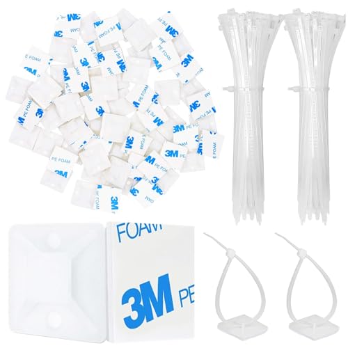 Qaestuan 100 Piezas Juego Soportes Adhesivos para Bridas de Cable, 20 x 20mm Organizadores de Cables Autoadhesivos, Sujeta Cables con Soporte Adhesivo, Organizador Escritorio, Pared, Mesa