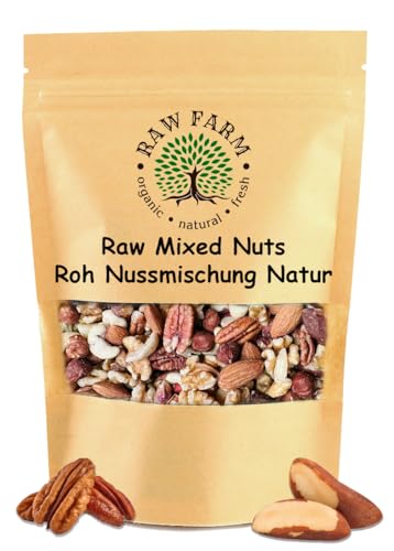 1kg rohe Nussmischung 6 Sorten – Mandeln, Haselnüsse, Cashews, Walnüsse, Pekannüsse & Paranüsse – naturbelassen, nngesalzen, noh & ohne Zusatzstoffe – Knackiger Snack - Raw Farm