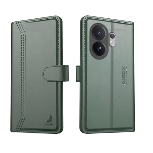 Image of AIBEX Compatible for Vivo V60E 5G / Vivo T4 Pro 5G / Vivo V60 5G Flip Cover Leather Finish with Magnatic Closure | Inside TPU with Card Pockets | Wallet Stand | Complete Protection Flip Case -Green