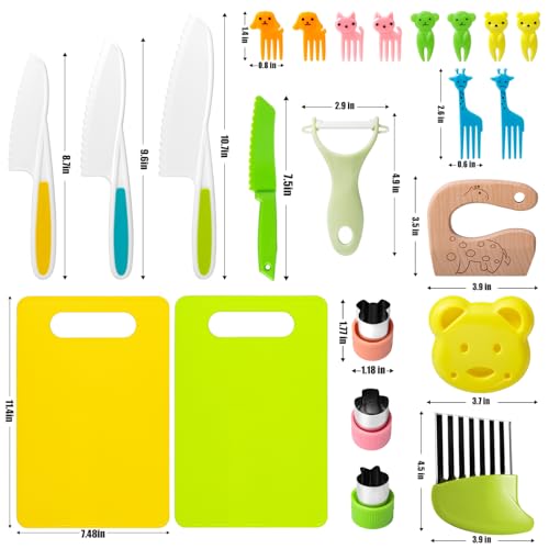 23 PCS Kids Cooking Sets, Kitchen Tools for Toddlers' Real Cooking, Kids Kitchen Knife Set with Cutting Board Kid Safe Knives Peeler Sandwich Cutters Crinkle Cutter, for Girls Boys